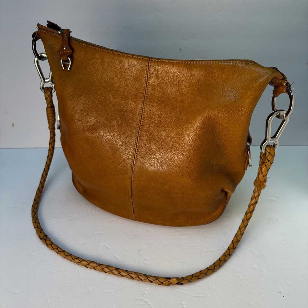 Etienne Aigner Hobo Bag Womens Medium Cognac Leather Braided Strap Shoulder Bag